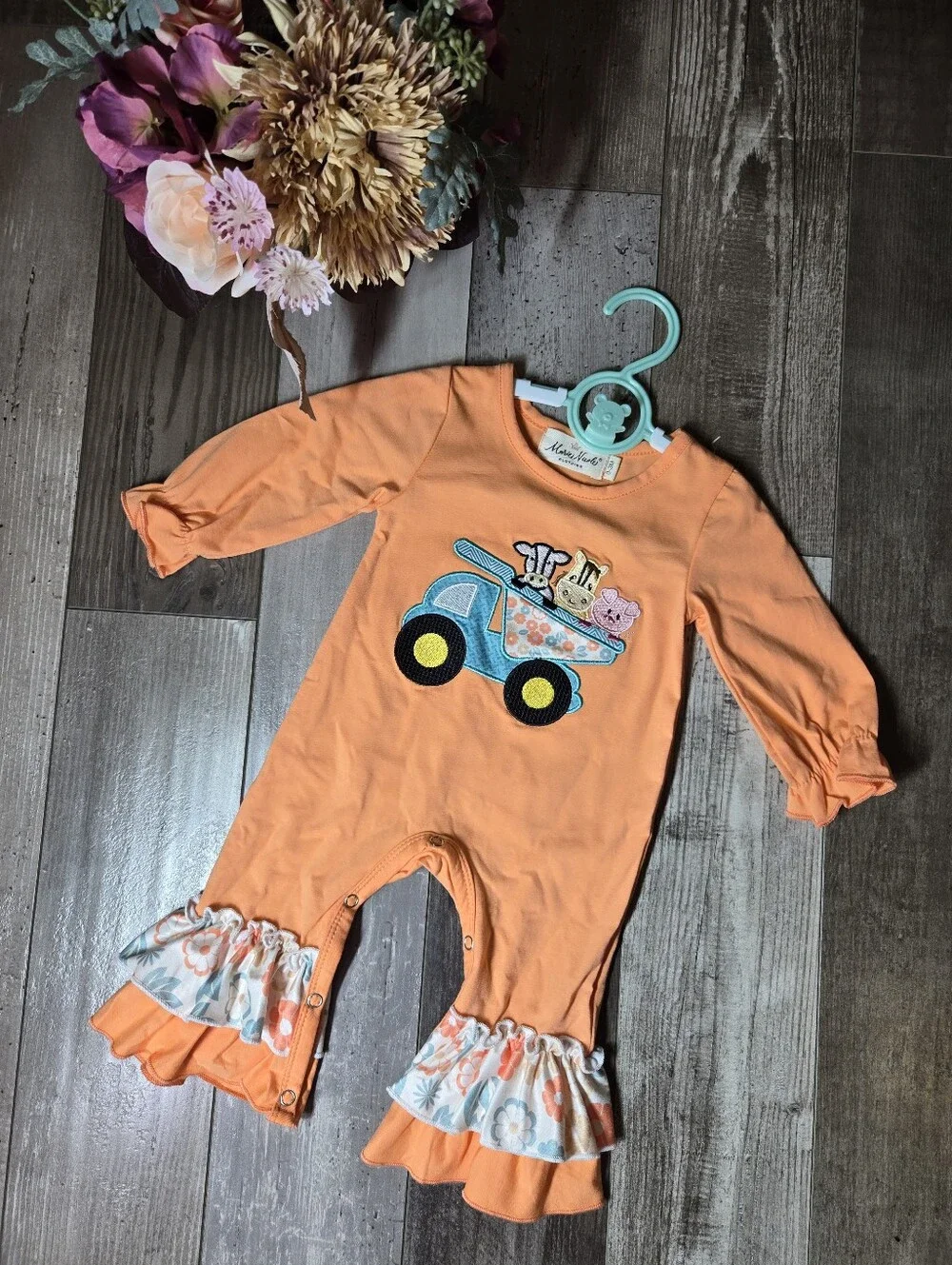 Marie Nicole Orange Animal Dump Truck Embroidered Romper 0–3M NWOT